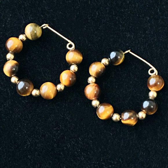 VTG Tiger Eye + Gold HOOP EARRINGS 80s Cat Eye - Picture 2 of 6